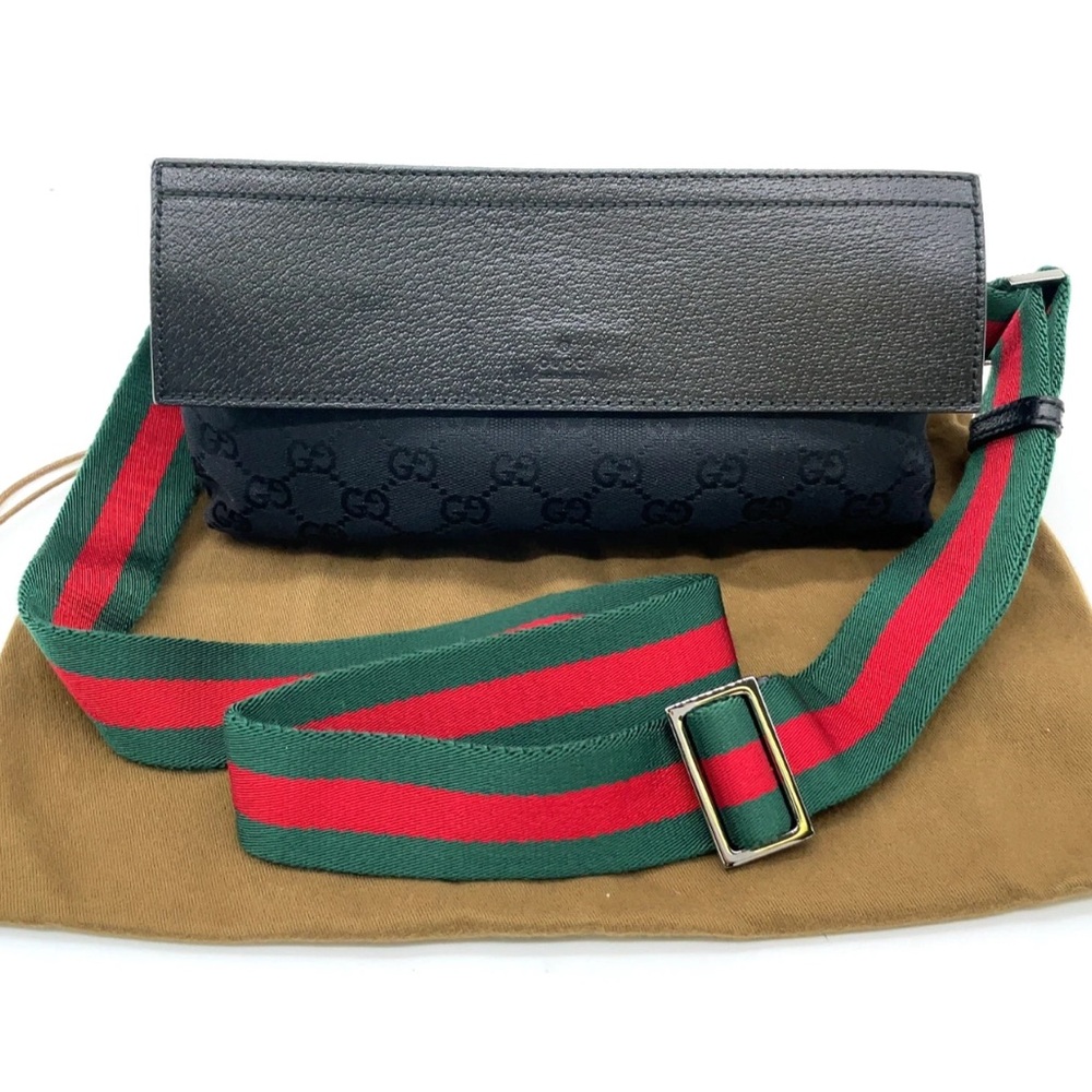Auth Gucci GG Canvas x Leather Sherry Line Black Sling Bag W/D